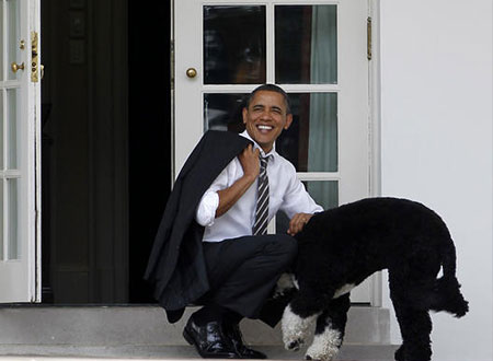باراك أوباما يأمر كلبيه بالهدوء خلال اجتماع بالبيت الأبيض